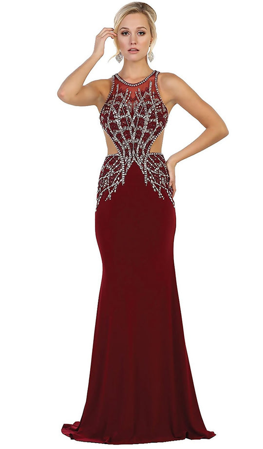 Bejeweled Illusion Halter Sheath Evening Dress