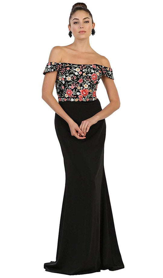 May Queen - RQ7564 Floral Applique Off-Shoulder Fitted Evening Dress