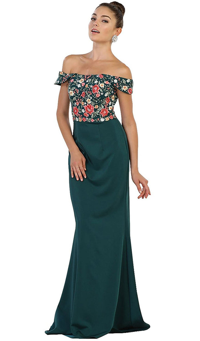 Floral Applique Off-Shoulder Fitted Evening Dress