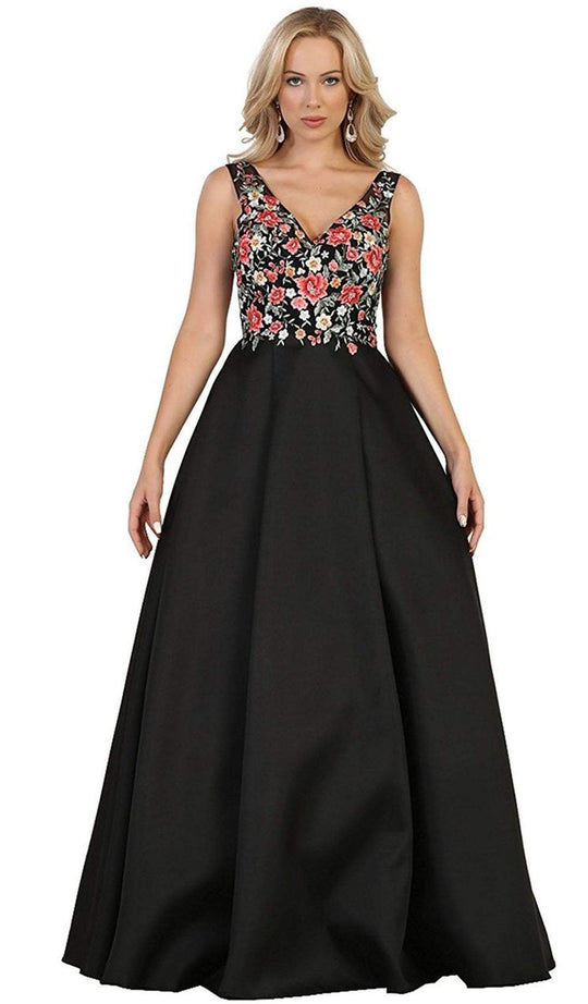 Floral Embroided V-neck Prom Ballgown
