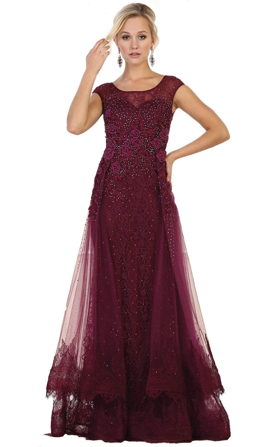 May Queen - RQ7568 Beaded Lace Illusion Bateau Sheath Mother of the Bride Dress