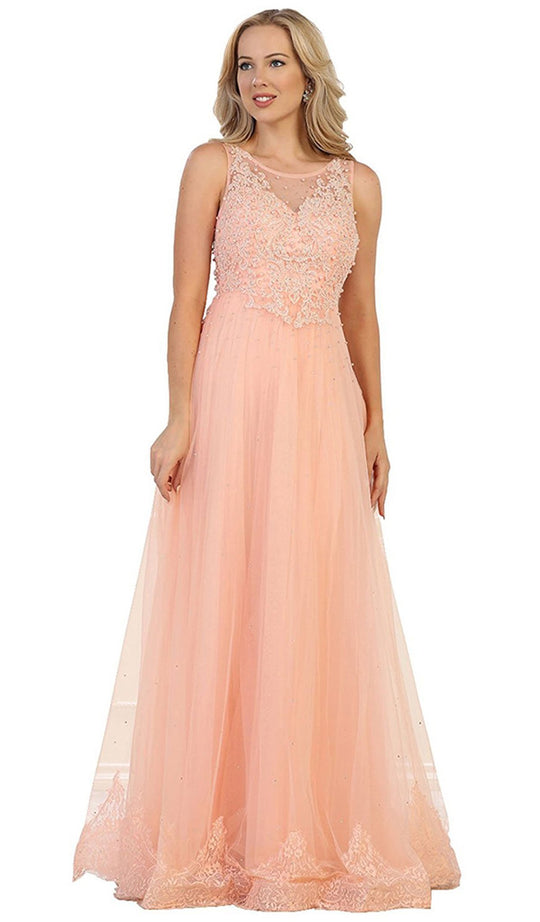 May Queen - RQ7569 Embellished Illusion Scoop Lace A-line Mother of the Bride Dress