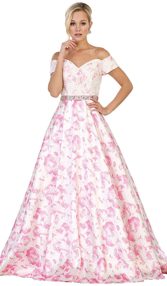 May Queen - RQ7574 Off-Shoulder Floral Print A-line Prom Gown