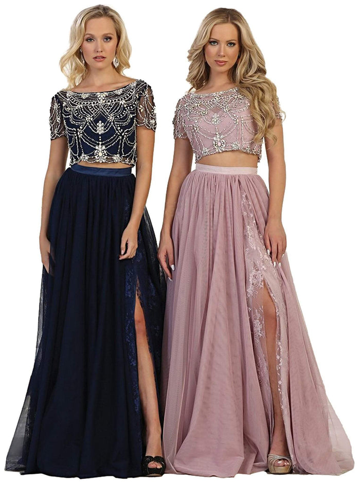 Two Piece Bedazzled Bateau Evening Ballgown