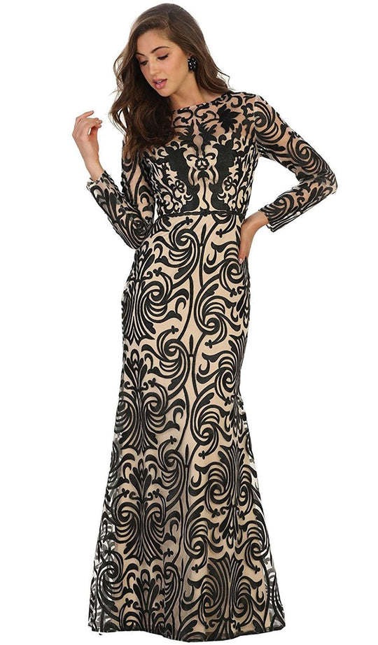 May Queen - RQ7577 Long Sleeve Embroidered Evening Gown