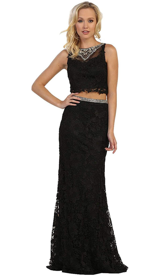 May Queen - RQ7579 Sleeveless Two-Piece Lace Sheath Evening Gown In Black