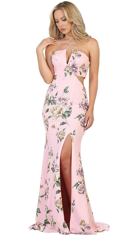 Haltered Floral Print Sheath Evening Gown with Side Slit