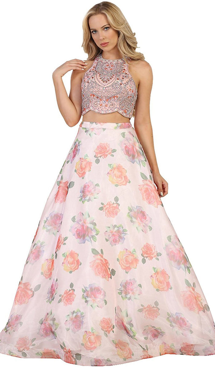 Beaded Jewel Neck Two-Piece Floral A-line Formal Gown