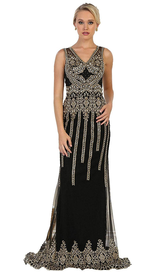 Sleeveless V-neck Embellished Sheath Evening Gown