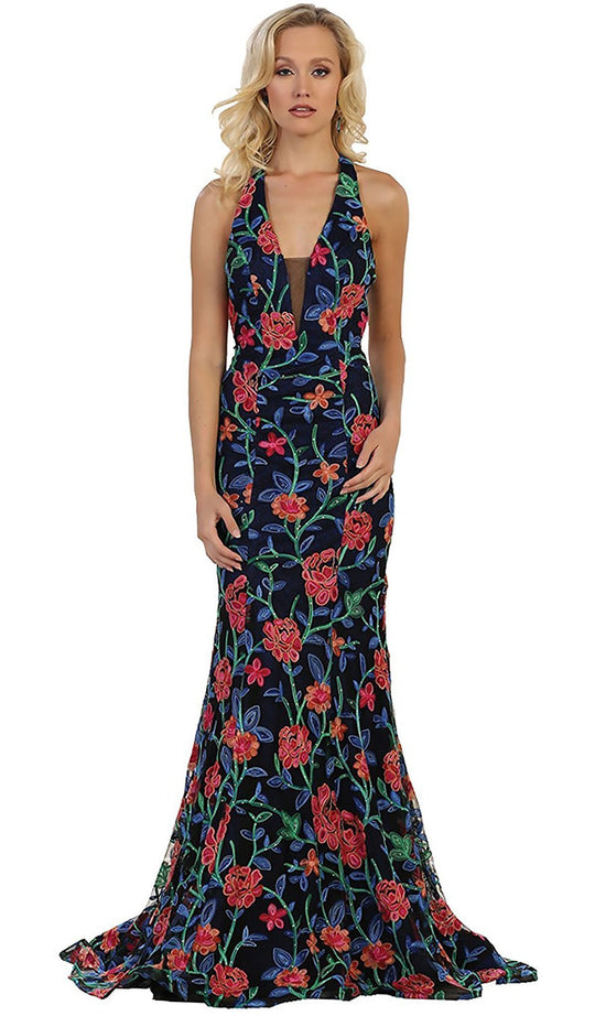 May Queen - Plunging V-neck Floral Sheath Evening Gown
