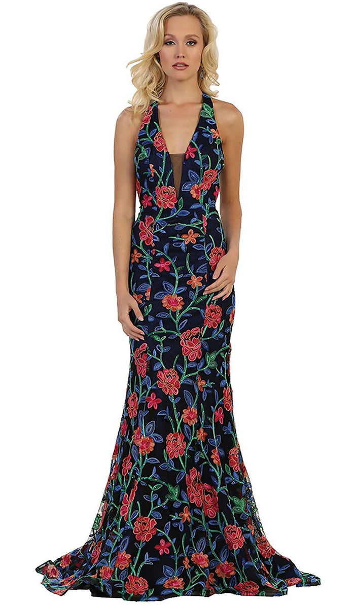 Plunging V-neck Floral Sheath Evening Gown