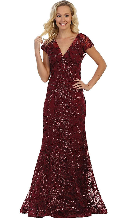 May Queen - RQ7585 Plunging V-neck Embellished Trumpet Mother of the Bride Gown