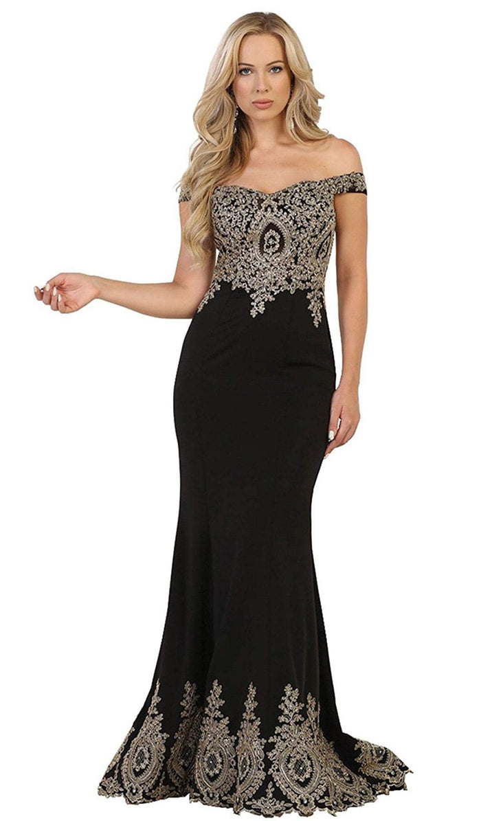 Off Shoulder Appliqued Fitted Prom Dress