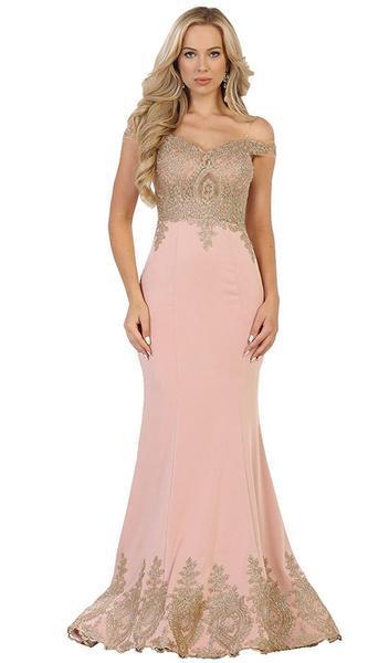 May Queen - Off Shoulder Appliqued Fitted Prom Dress RQ7586  In Pink