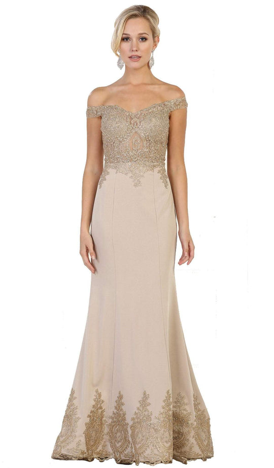 Off Shoulder Appliqued Fitted Prom Dress