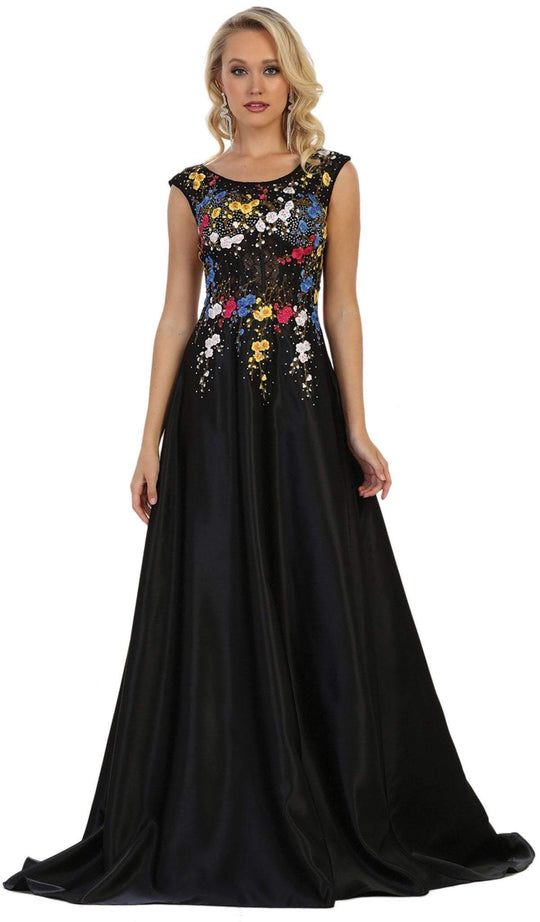 May Queen - Cap Sleeves Floral Appliqued A-line Evening Gown