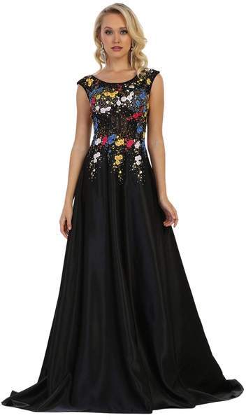 May Queen - Cap Sleeves Floral Appliqued A-line Evening Gown RQ7587 In Black and Multi-Color