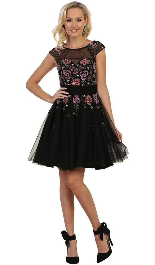 Floral Embellished Illusion Bateau Cocktail Dress