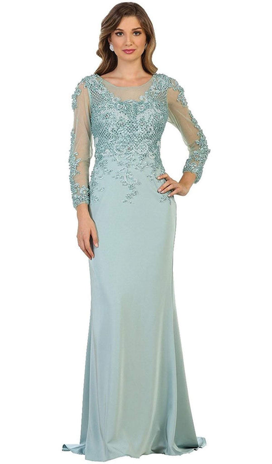 Embellished Long Sleeve Illusion Scoop Sheath Mother of the Bride Gown