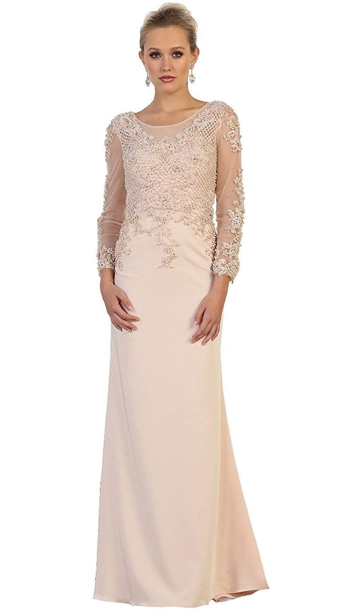 Embellished Long Sleeve Illusion Scoop Sheath Mother of the Bride Gown