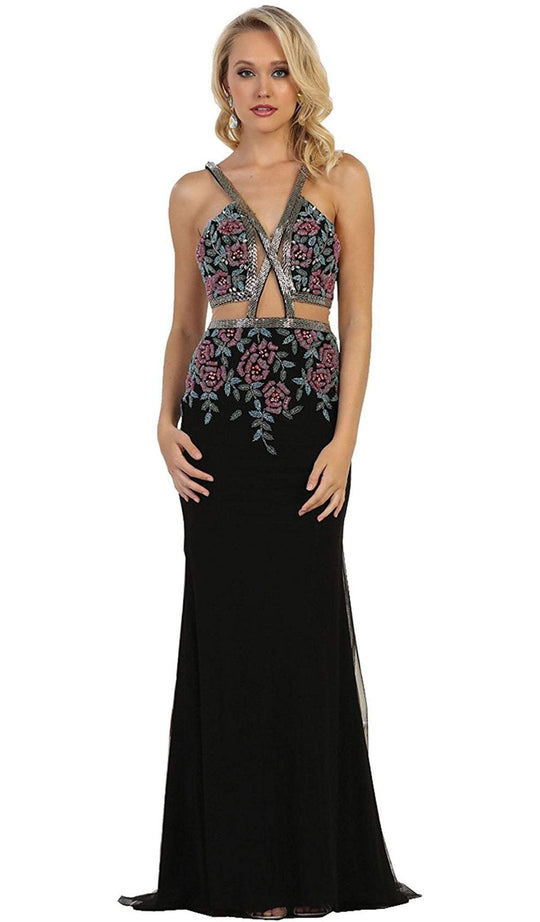 Beaded and Embroidered Sleeveless Sheath Evening Gown