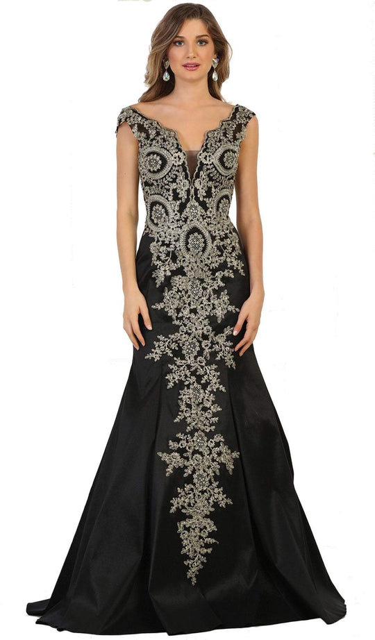 May Queen - RQ7602 Embellished Wide V-neck Sheath Mother of the Bride Gown