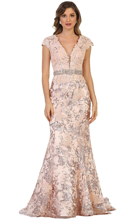 Floral Appliqued Deep V-neck Mermaid Mother of the Bride Gown