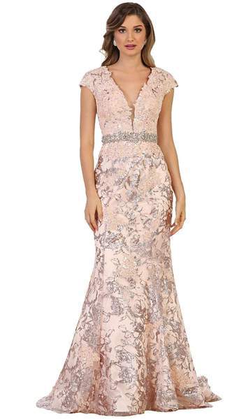 May Queen - Applique Deep V-neck Mermaid Mother of the Bride Gown RQ7610 In Pink