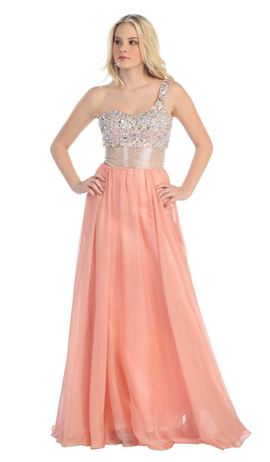 May Queen - Jewel Embellished Asymmetrical Neck Chiffon Prom Dress