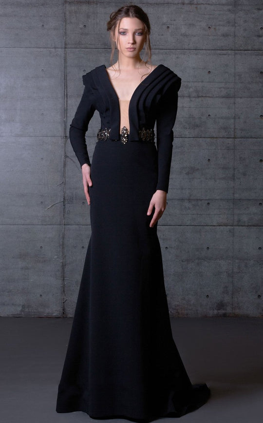 MNM Couture - Bejeweled V-Neck Sheath Gown N0065 in Black