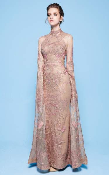 MNM COUTURE - N0244 High Neck Cap Sleeves Evening Dress In Gold