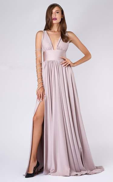 MNM COUTURE - L0051 Plunging V-Neck A-Line Evening Dress In Pink