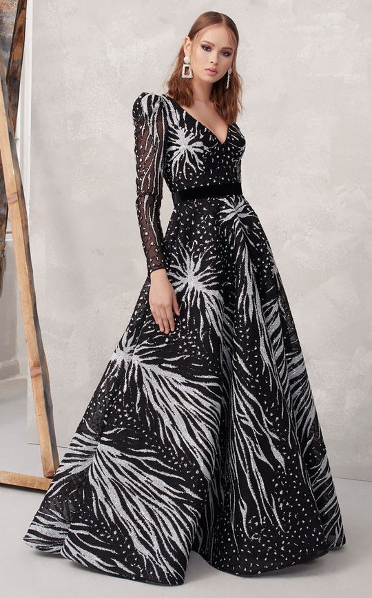 MNM COUTURE - N0262 Sequined Plunging V-neck A-line Gown In Black and White