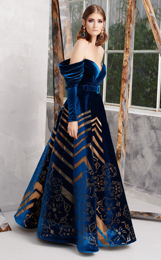 MNM COUTURE - N0279 Draping Off Shoulder Illusion Cutout Gown In Blue