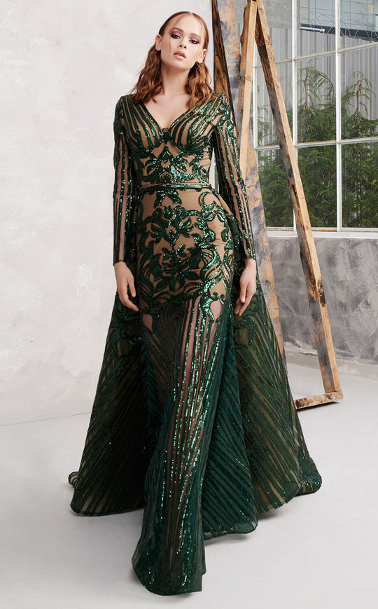 MNM COUTURE - N0270 Sequin Embellished V Neck Gown with Overskirt in Green