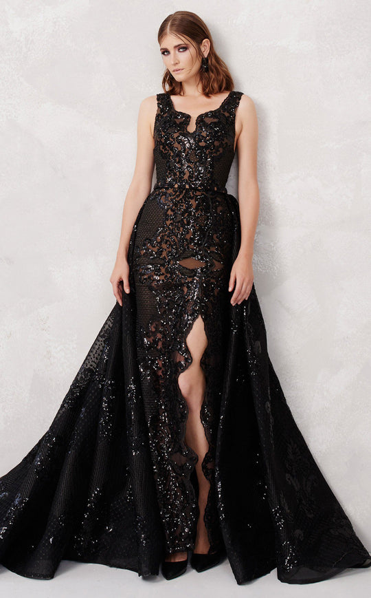 MNM COUTURE - N0272 Sequined Scallop High Slit Overskirt Gown In Black