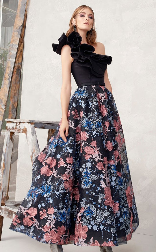 MNM COUTURE - N0274 Ruffled Asymmetric Embroidered A-line Gown In Multi-Color