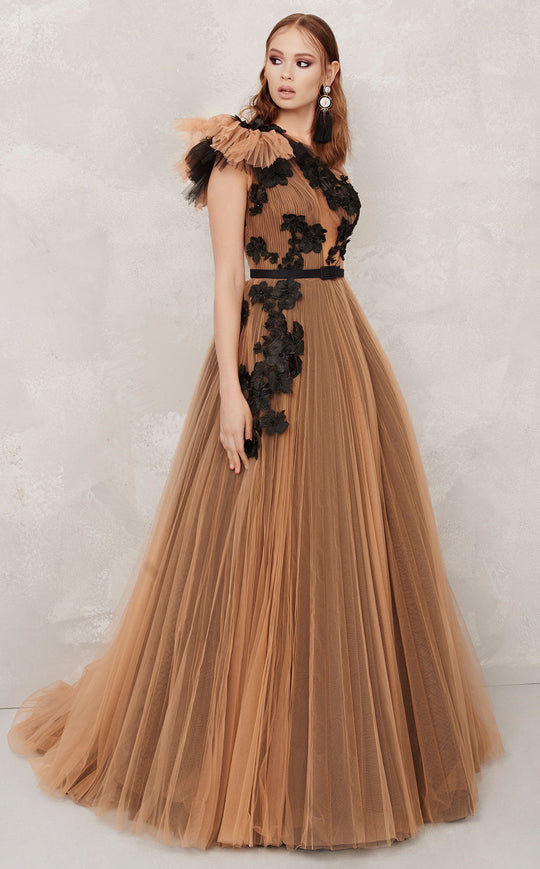MNM COUTURE - N0282 Floral Applique Pleated A-line Gown In Brown