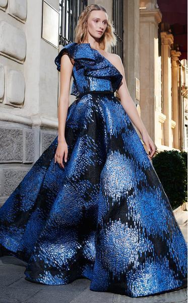 MNM COUTURE - N0292 Two Tone Ruffled Asymmetric Ballgown In Blue and Black