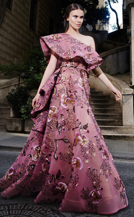 MNM COUTURE - N0307 Embroidered Asymmetric A-line Gown In Pink