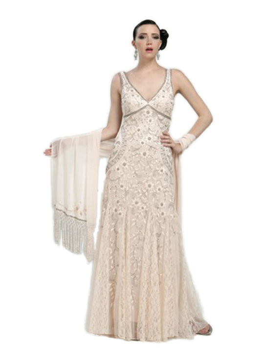 Sue Wong - N1118 Beaded V-neck A-line Dress in Neutral