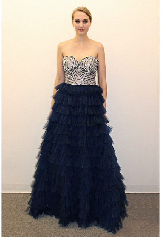 Terani Couture - 1711P2856 Strapless Sweetheart Tiered Gown in Blue and Neutral