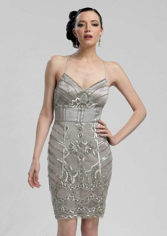 Sue Wong - N3213 V-neck Beaded Sheath Dress in Silver
