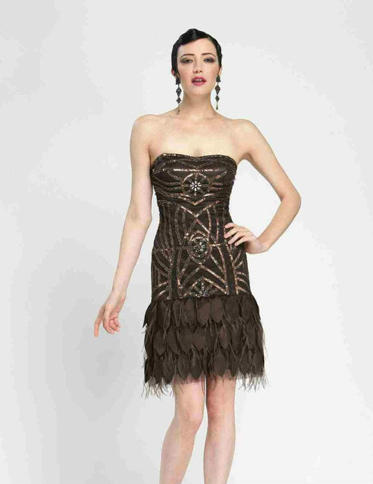 Sue Wong - N3449 Beaded Strapless Feather Cocktail Dress in Brown