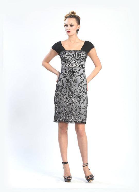 Sue Wong - Embroidered Straight Neck Dress N4302 in Black and Silver