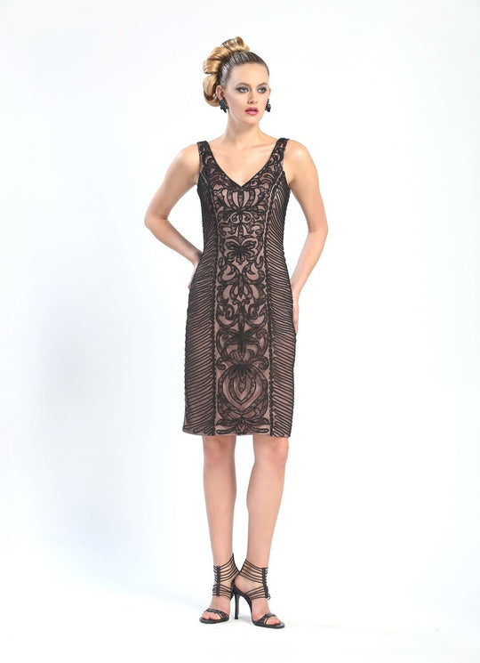 Sue Wong -  V-Cut Neckline Swirl Patterned Dress N4305 in Black and Pink