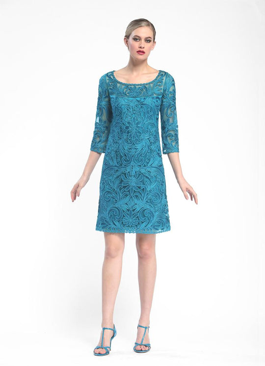 Sue Wong - Embroidered Bateau Neck Column Dress N5344 in Blue