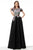 Jovani - 66418 Floral Bodice Short Sleeve A-line Dress In Black and Multi