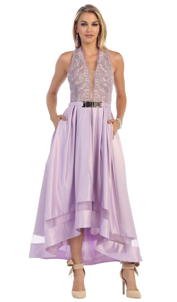 Lace Halter Neck Taffeta High Low Evening Gown