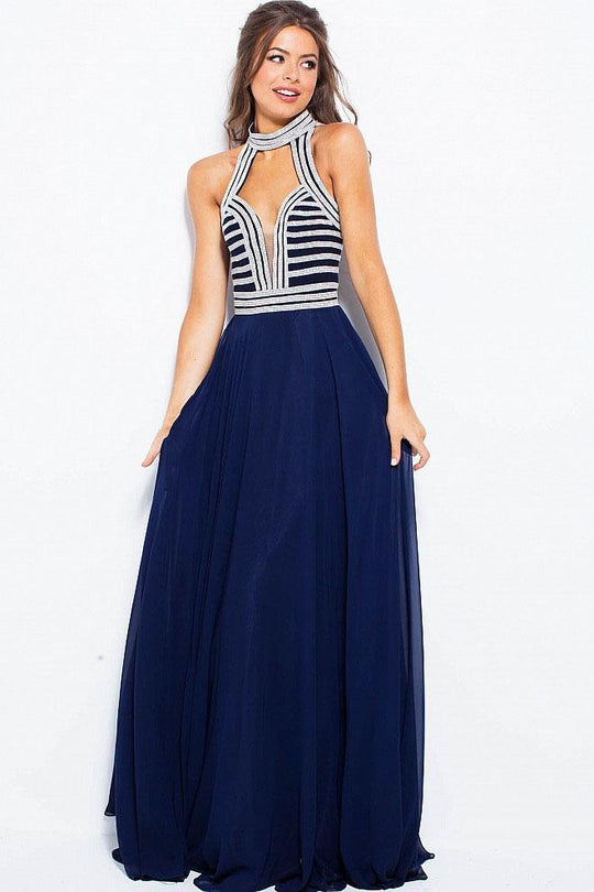 JVN53380 Embellished High Halter Chiffon Dress